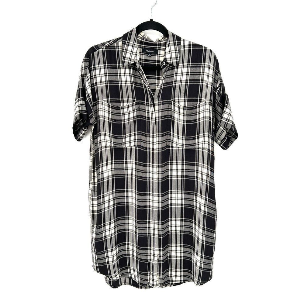 MADEWELL Black Ivory Plaid Button Up Oversized Shift Tunic Shirt Dress Small